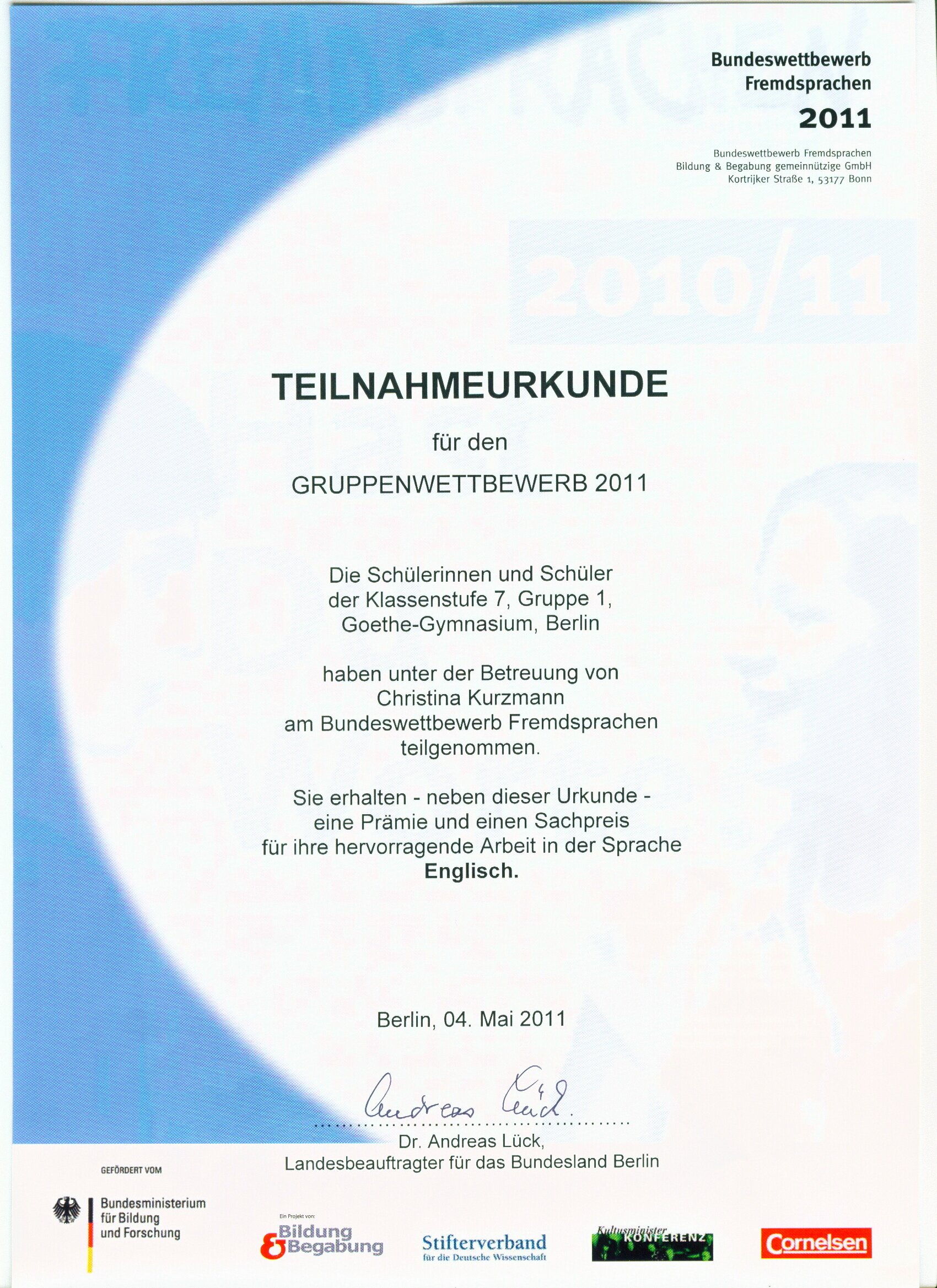 Teilnahmeurkunde BWF